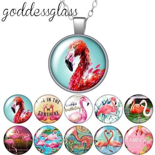 Animals Flamingo Pendant Round Glass glass cabochon silver plated/Crystal pendant necklace jewelry for Gift