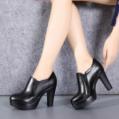 2020 Round Toe Genuine Leather Womens Shoes Women Fashion High Heels Autumn Winter Ankle Boots Black Plus Size 34-43