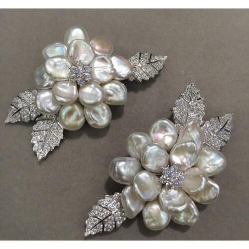 Natural fresh water pearl brooch flower brooch pins 925 sterling silver with cubic zircon Romantic Baroque fine women jewel