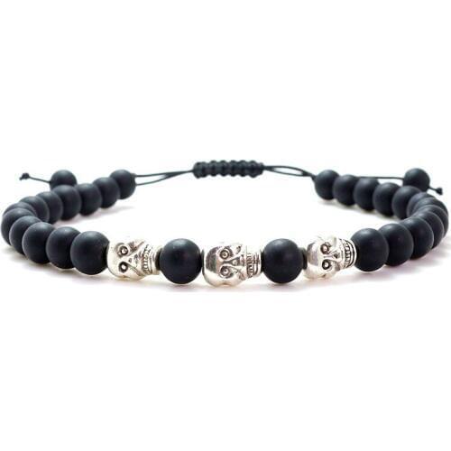 New design Charm Skull Braiding Bracelets Men Natura 6mm black Stone Beads For Women Men Jewelry
