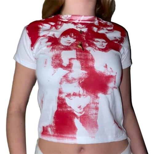 Hirigin Vintage Graphic Printed Tshirt E-girl Harajuku Punk Style Short Sleeve Crop TopS 90s Women Y2K Aesthetic Sweats T-shirt