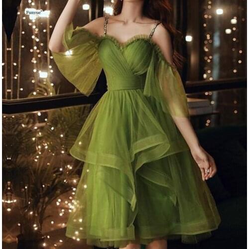 Delicate Green Prom Dresses 2021 New Arrival Charming Spaghetti Straps Evening Party Gowns Knee Length A Line Vestidos De Fiesta