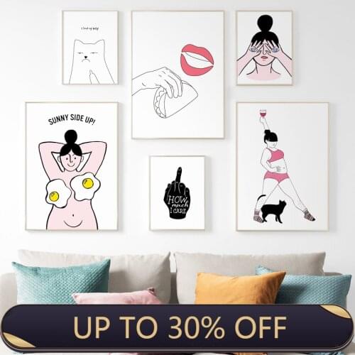 Middle finger Cat Sexy Girl Lips life Quotes Wall Art Canvas Painting Nordic Posters And Prints Wall Pictures For Living Room