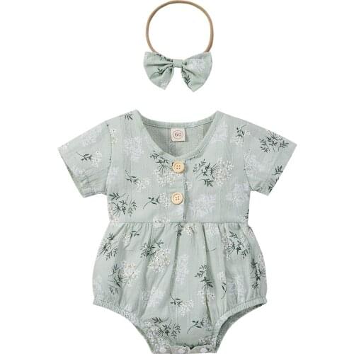 Baby Girls Rompers Floral Short Sleeve Baby Clothing Jumpsuits Headband Cotton Linen Newborn Baby Girls Casual Sunsuits Clothes