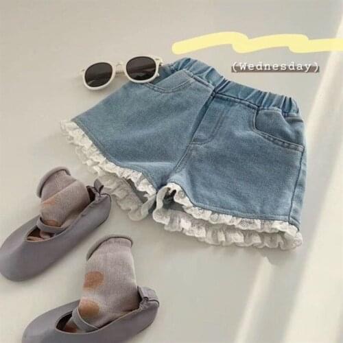 Summer Girls' New Style Korean Cotton Childrens Cute Sweet And Comfortable Soft Denim Shorts lace Shorts Baby Girl Pants