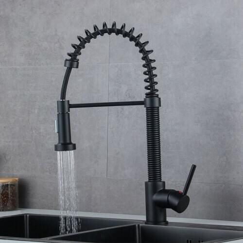 Matte Black Kitchen Faucets Solid Brass Single Handle Pull Down Sprayer Spring Kitchen Sink Faucet Deck Mounted
