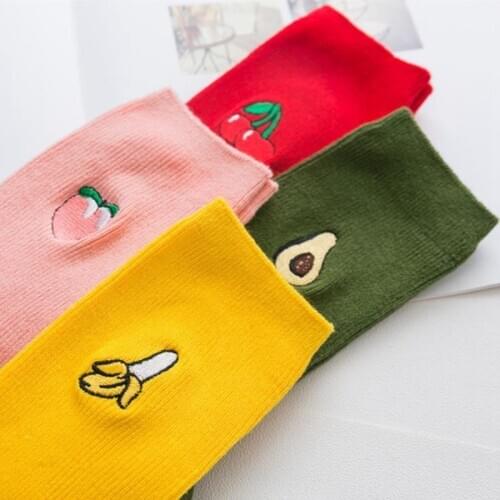 Cute Women American cotton Crew Socks Solid color, Cartoon Fruit printed Guacamole banana Cherry Peach embroidery Funny socks