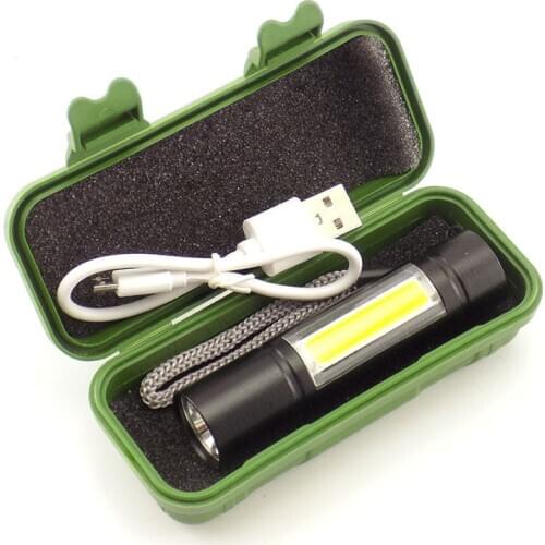 Mini LED Torches Zoom Flashlight Q5 COB Lamp Portable USB Rechargeable LED Flash Light Work Light for Camping Lighting with Box