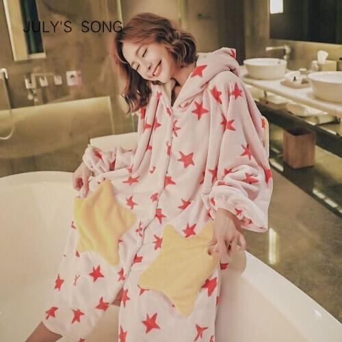 JULYS SONG Winter New Thick Warm Flannel Stars Sleepwear Comfort Hooded Long Version Open Buckle Homewear Nightdress Bathrobe