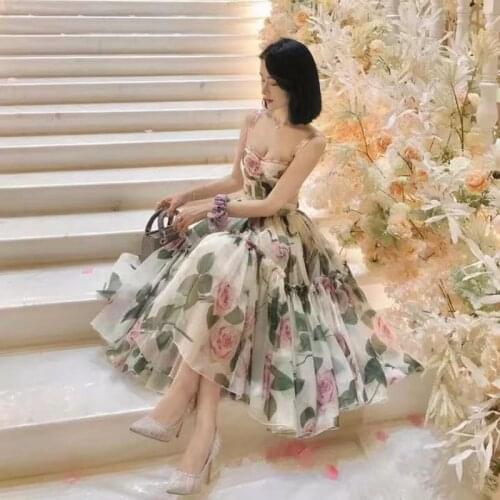 IVY HE Summer Rose Floral Bohemian Party Dress Womens Spaghetti Strap Backless Sexy Padded Cup Flower Print Beach Elbise Robes