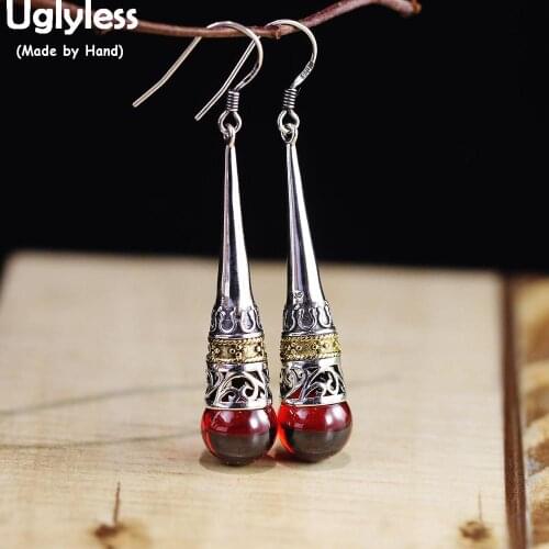 Uglyless Vintage Thai Silver Hollow Patterns Cone Earrings Garnet Chalcedony Pearls Earrings for Women 925 Silver Jewelry E1588