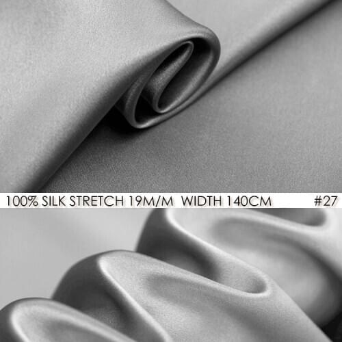 SILK STRETCH SATIN 140cm width 19momme/Pure Silk Fabric Satin+Spandex Fashion Fabric Dress Silk Wedding Suit Silver Grey NO27