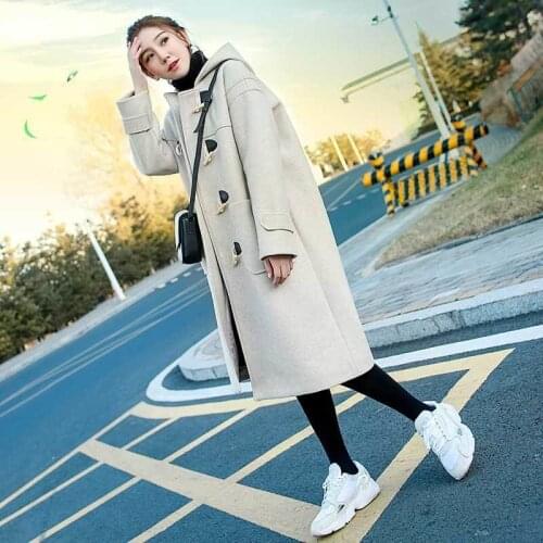 Ox Horn Button Wool Coat Womens Middle Long Autumn And Winter Department Student Sen Department Hooded Woolen Coat Womens