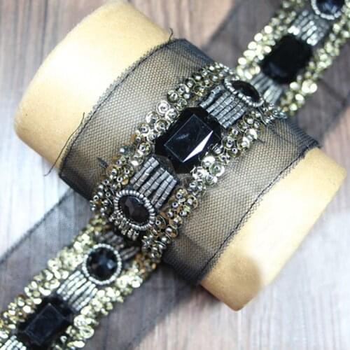 Rhinestone Gold Silver Beaded Trim Collar Mesh Fabric Paillette Sequin Lace Clothes Decoration Wedding Dress Dentelle Applique