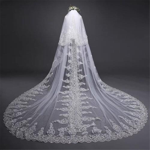 Bridal Veil Long Lace Two Layers Elegant Appliques Luxurious Cathedral Length Face-Covered Wedding Veil With Comb White Ivory