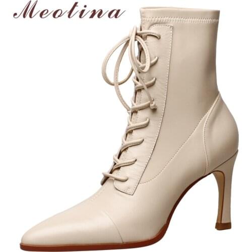 Meotina Women Genuine Leather Fashion Boots Thin High Heel Pionted Toe Shoes Ankle Boots Lace Up Ladies Boots Autumn Winter 40