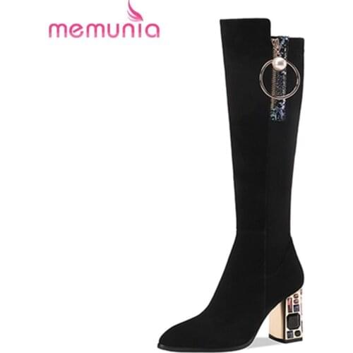 MEMUNIA Kid Suede Boots Square Heels Metal Decoration Knee High Boots Zipper Elegant Women Winter Boots Comfortable Hand Made