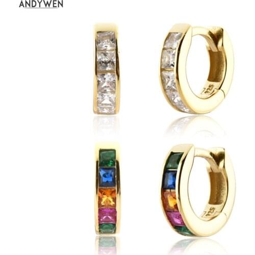 ANDYWEN 925 Sterling Silver 7mm Rainbow Zircon Huggies Clips Women Fashion Fine Jewelry Clips Hoops Earring Round Colorful CZ