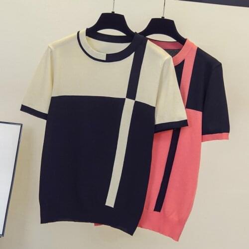 M-4XL women plus size Patchwork thin sweater pullover 2021 Summer short sleeve o neck loose casual Oversized pull female