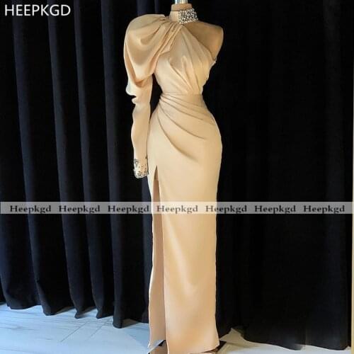 Long Sleeve One Shoulder Champagne Evening Dress Side Slit Straight Crystals Satin Formal Occasion Women Party Prom Gowns