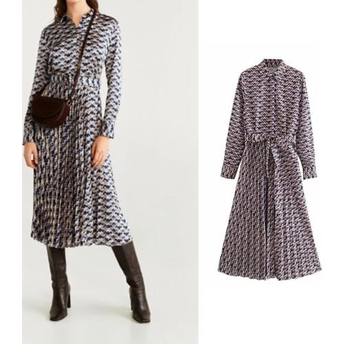Za 2020 Fashion Womens Casual Pleated Geometric Print Dress Long Sleeve Dress Chic Vestido Mujer