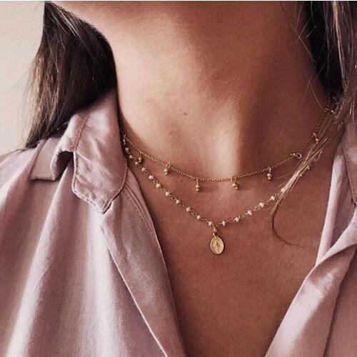 Vintage Gold Color Coin Jesus Pendant Necklace for Women Imitation Pearl Statement Choker Necklace Fashion Bead Clavicle Chain