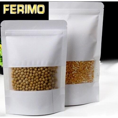 100pcs White kraft paper bags stand up Zip Lock packaging bag with window Translucent pouch for Baking cookies dried food fruit