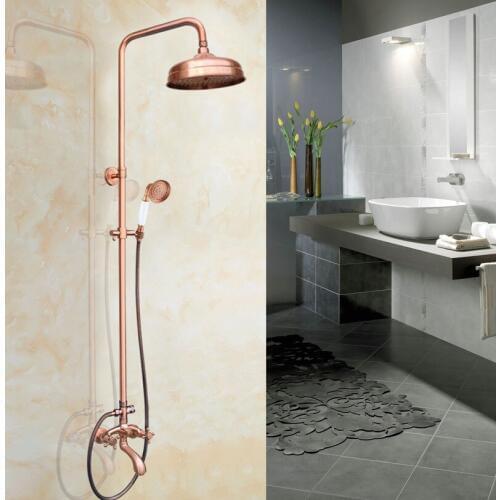 Antique Red Copper Bathroom Shower Faucet Mixer Wall Mounted Shower Bathtub Mixer Tap W/ Handheld Shower zrg504