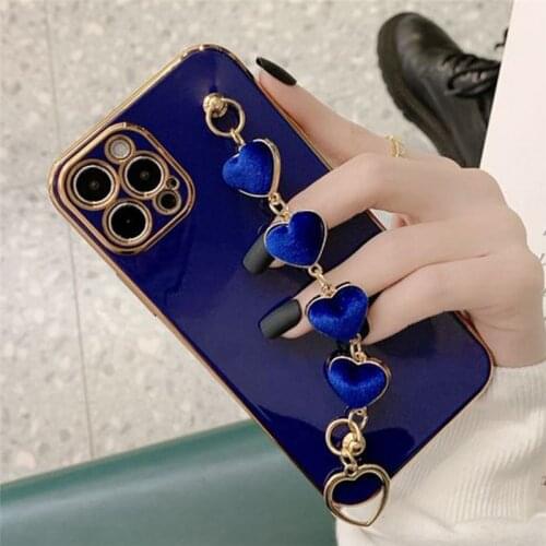 Love Heart Fabric Bracelet Hand Holder Cover for iPhone 12 11 Pro Max Luxury Plated Gold Electroplated Cases 8 Plus 7 XR XS X