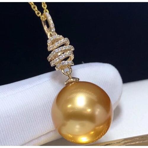 D119 Fine Jewelry 18K Gold Natural Ocean Golden Pearl 12-13mm Diamonds Pendants Necklaces for Women FIne Pearls Pendants