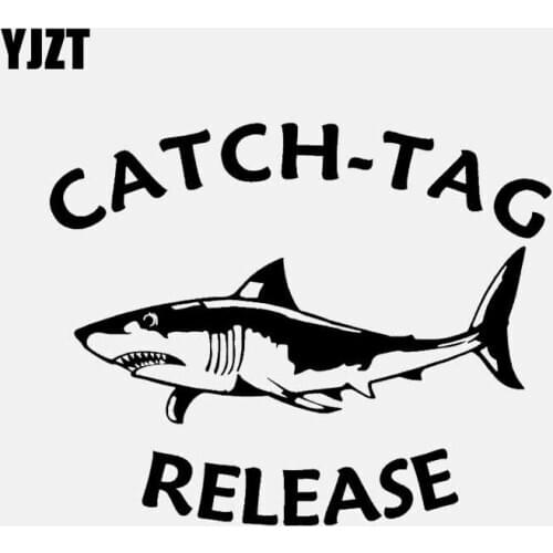 YJZT 16.2CM*13CM Catch Tag Release Vinyl Decal Shark Fishing Car Sticker Art Decor Black/Silver C24-0866