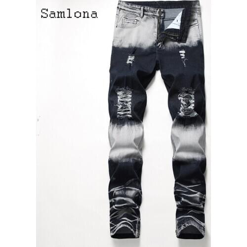 Samlona 2021 Spring Autumn Men Jeans Demin Pants Slimming Bottom Pacthwork Denim Trousers Big Size Men Fashion Hole Ripped Pants