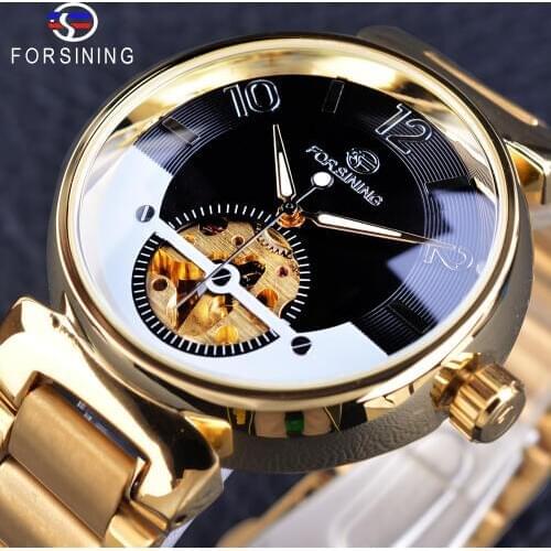 Forsining 2017 Creative Watch Golden Stainless Steel Mens Watch Top Brand Luxury Automatic Skeleton Wristwatch Luminous Clock