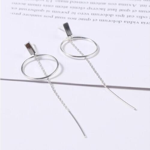 Hot Sale Fashion Real 925 Sterling Silver Long Chain Tassel Stud Earrings For Women Statement Korean Round Earring Party Gifts