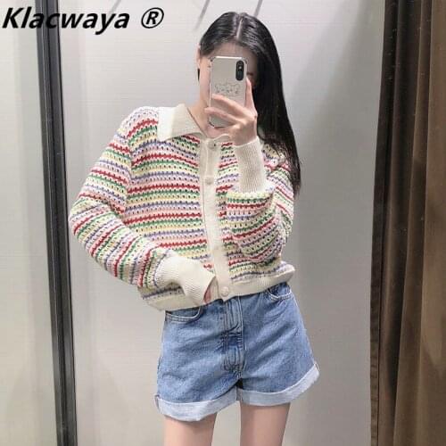 Klacwaya Za Womens Hollow Design Knit Cardigan Rainbow Striped Lapel Single-Breasted Long-Sleeved Sweet Knitted Jacket Spring