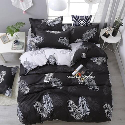 Black and White Grey Home Bedding Set 4 Leaf Flower Down Quilt Bed Sheet Pillowcase Queen King Full Size Home Textile Set