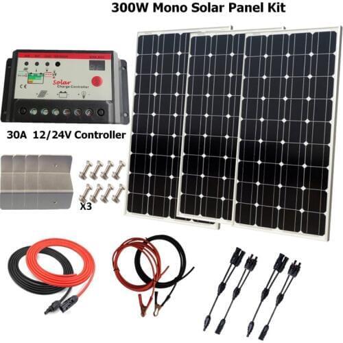 300W Solar Panel Kit:3 x 100W Mono Solar Panel W/ PWM 30A LED Solar Controller for 12V battery Off Grid Solar System for RV home