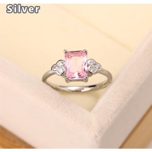Best selling European and American fashion S925 sterling silver powder gem ring zircon lucky square crystal jewelry womens gift