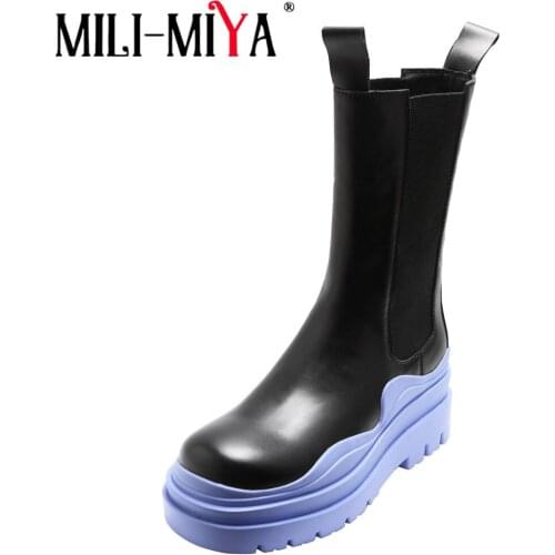 MILI-MIYA High Quality Cow Leather Chelsea Women Mid Calf Boots Thick Bottom Platform Round Toe Slip On Brand All Match Shoes