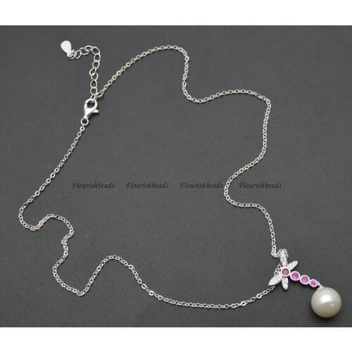 Paved CZ 925 Silver Dragonfly Shell Ball Pendant Chains Necklace Fashion Woman Jewelry