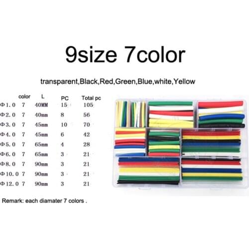 385pc/lot 2:1 cable sleeve kit 7 Color heat shrink kit wire Color casing kit 9 size