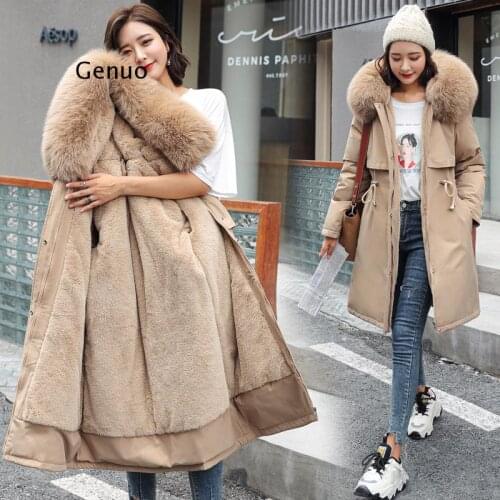 New Cotton Liner Parker Parka Fashion Adjustable Waist Fur Collar Winter Jacket Women Medium Long Hooded Parka Coat