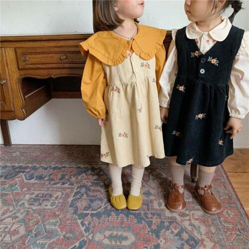 Girls' Autumn Dresses 2021 New Korean Style Baby Girl Sleeveless Embroidered Dress Toddler Print Strap Suspender Corduroy Dress