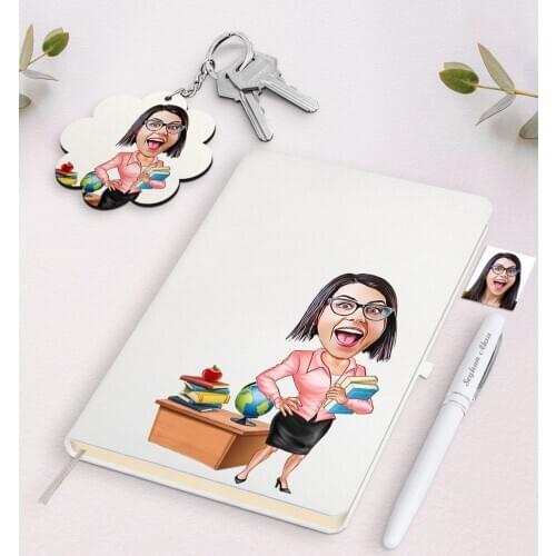Personalized Women 'S Teacher Caricature Of White Notebook Pen And Keychain Gift Seti-5
