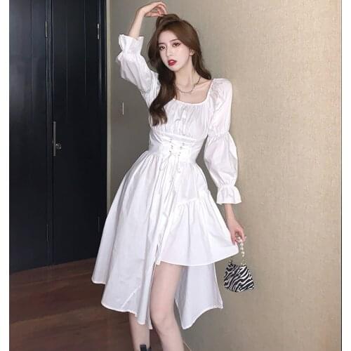 Black White Sexy Asymmetry Dovetail Dress Women Square Collar Drawstring Long Sleeve Dresses Autumn New Elegant Stylish Vestidos