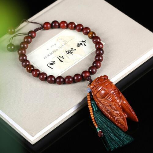 Authentic Lobular Red Sandalwood Wooden Bracelets High Oil beads With Turtle Or cicada Tassel Pendant Handheld Bracelet Jewelry