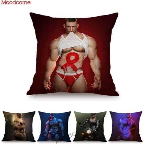 Sexy Cartoon Hunk Boy Muscular Gym Body Hot Boyfriend Gay Muscle Art Home Decorative Pillow Case Cotton Linen Sofa Cushion Cover