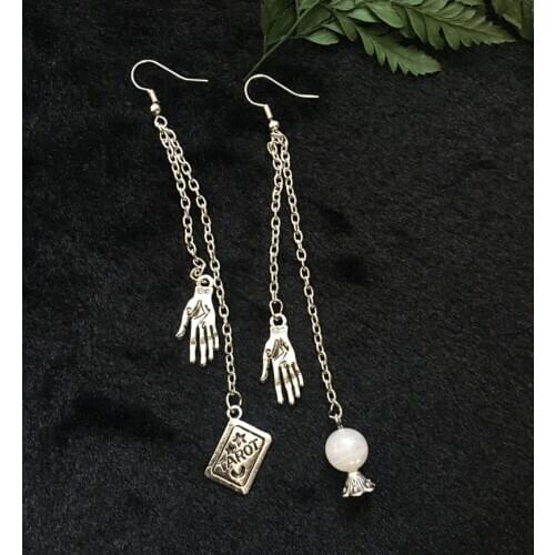 Tarot Card Earrings Tarot Witchy Jewelry Gothic Fortune Teller,Natural Moonstone Crystal Ball Earring with Palmistry Charms