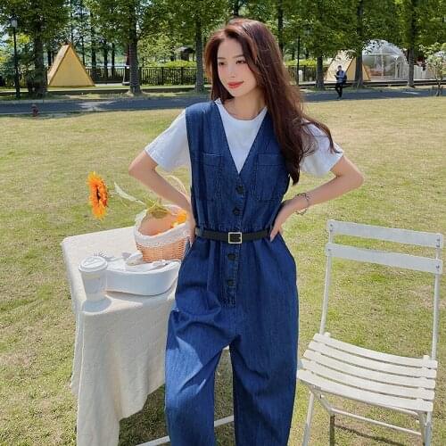 Blue Denim Overalls for Women 2021 Summer Sleeveless V-neck Loose Casual Wide Leg Jeans One Piece Pants Sets Jumpsuit Streetwear