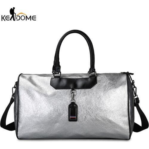 Women Silver Gym Bag Lady Training Fitness Luggage Travel Bags PU Leather Yoga Mat Shoulder Handbag Blaso Sac De Sport XA87D